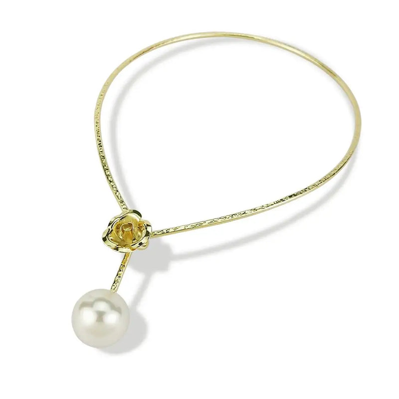 Metal Flower Pearl Choker Necklace Long Jewelry