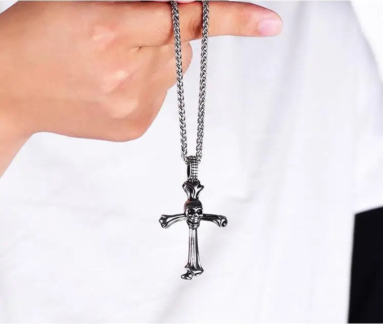 Skull Cross Anchor Pendant Necklace Stainless Steel Men Gift