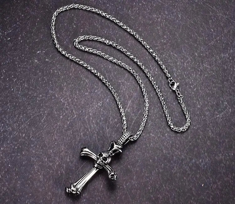Skull Cross Anchor Pendant Necklace Stainless Steel Men Gift