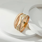 Metal Leaf Charm Leather Bracelet for Women Multilayer Wide Wrap Wristband