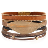 Metal Leaf Charm Leather Bracelet for Women Multilayer Wide Wrap Wristband