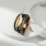 Metal Leaf Charm Leather Bracelet for Women Multilayer Wide Wrap Wristband