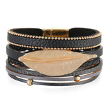Metal Leaf Charm Leather Bracelet for Women Multilayer Wide Wrap Wristband