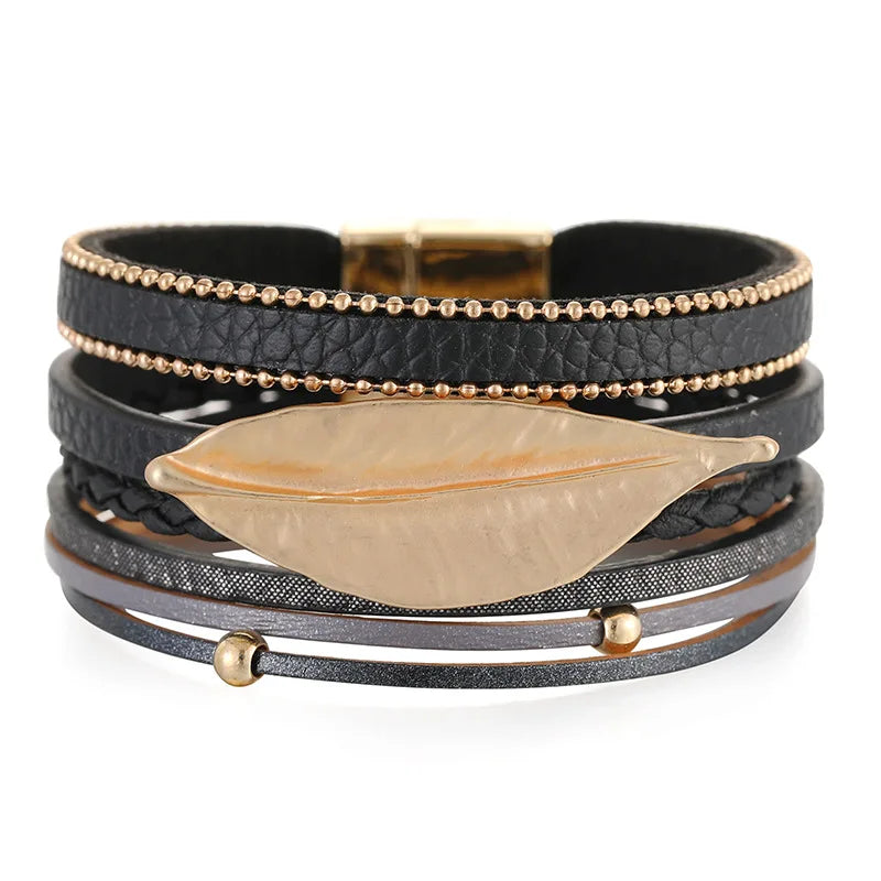 Metal Leaf Charm Leather Bracelet for Women Multilayer Wide Wrap Wristband