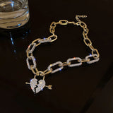 Metal Love Heart Pendant Necklace with Rhinestones