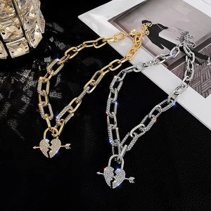Metal Love Heart Pendant Necklace with Rhinestones