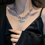Metal Love Heart Pendant Necklace with Rhinestones