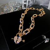 Metal Love Heart Pendant Necklace with Rhinestones