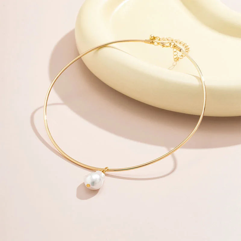 Geometric Pearl Pendant Choker Collar Necklace for Women