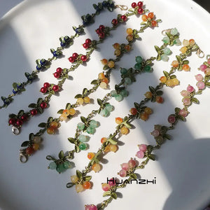 Metal Plant Leaves Blueberry Stone Bracelet Women Jewelry