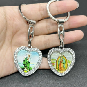 Metal Virgin Mary St. Jude Keychain Heart Charms Glass Pendant Keyring