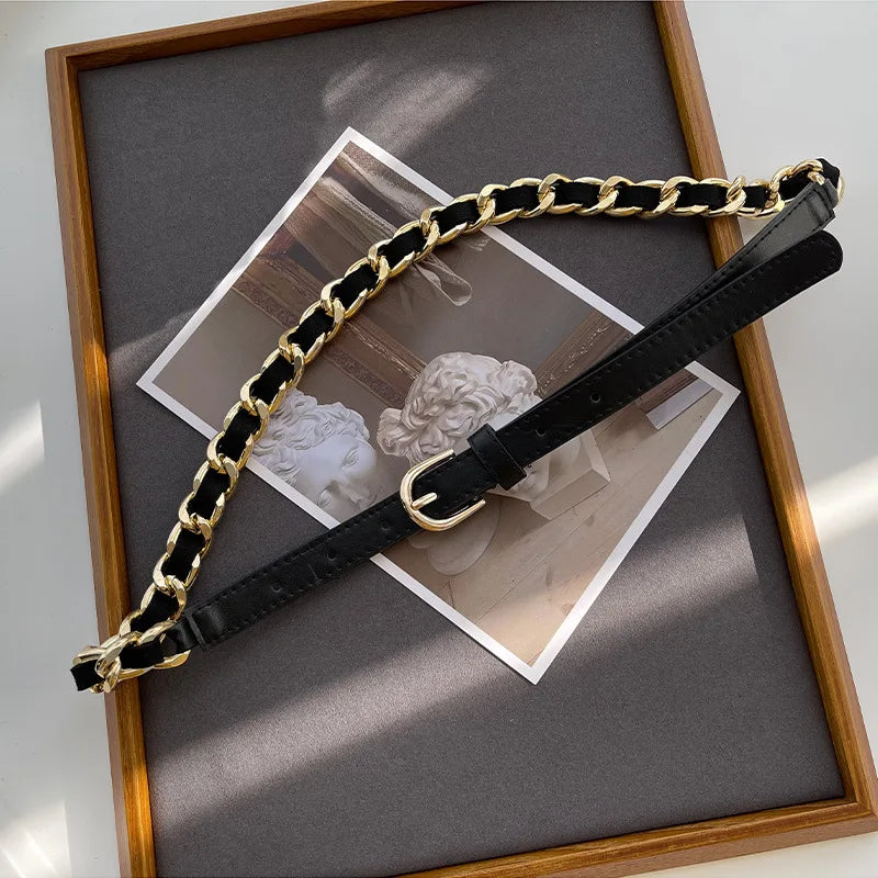 Women's Metal Waist Chain Belt PU Leather Dress Decorative Accessory