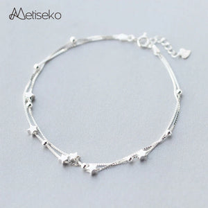 925 Silver Stars & Round Beads Double Layer Anklet Fine Jewelry