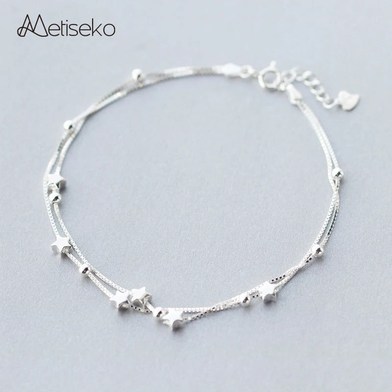 925 Silver Stars & Round Beads Double Layer Anklet Fine Jewelry