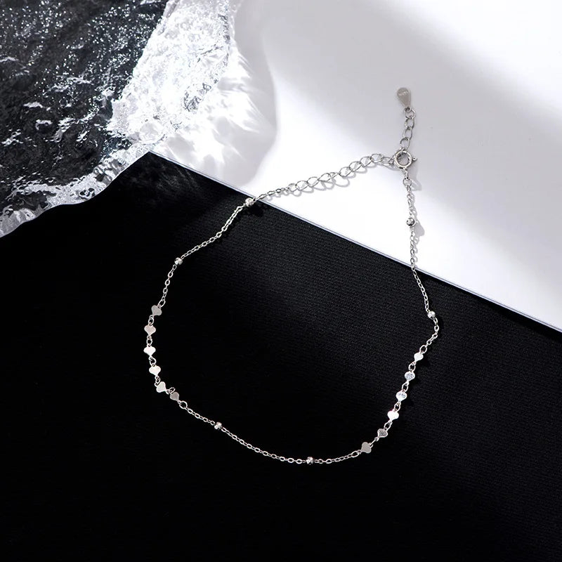 925 Sterling Silver Anklet Heart Shape Silver Flakes & Bead Pendant Anklet