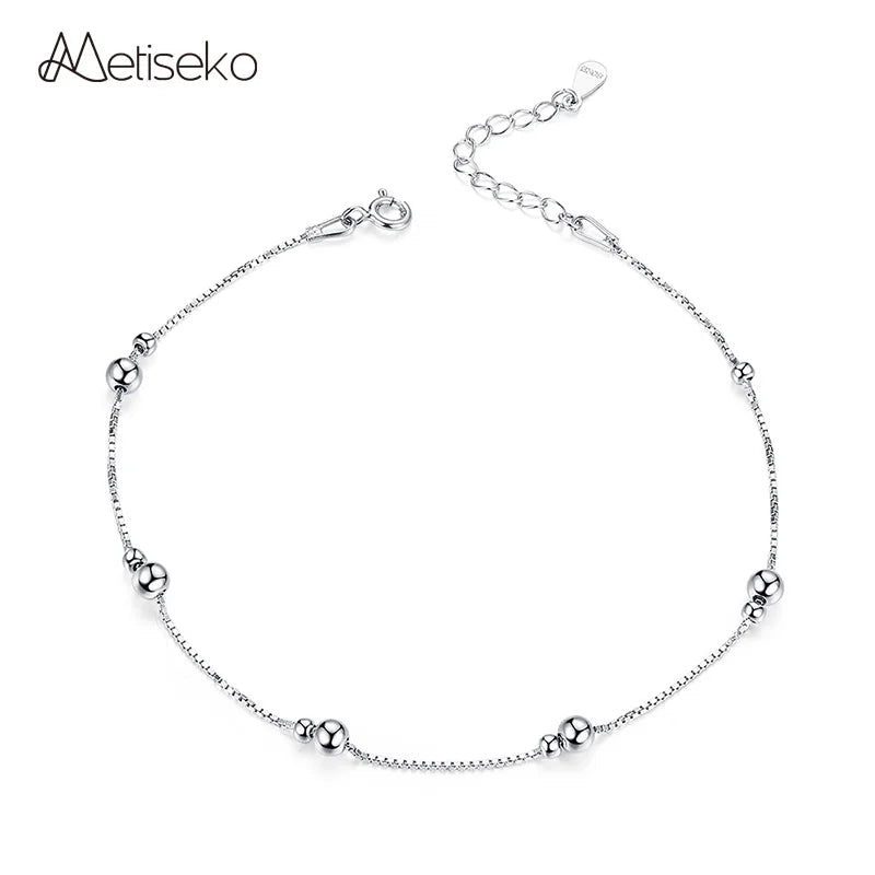 925 Silver Anklet Platinum Beads Minimalist Style