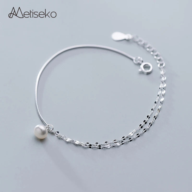 925 Silver Chain & Pearl Bracelet Anklet for Women Minimalist Style for Leg Foot