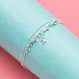 925 Silver Tree Branch Anklet Bracelet Double Layers Leaves & Beads Chain