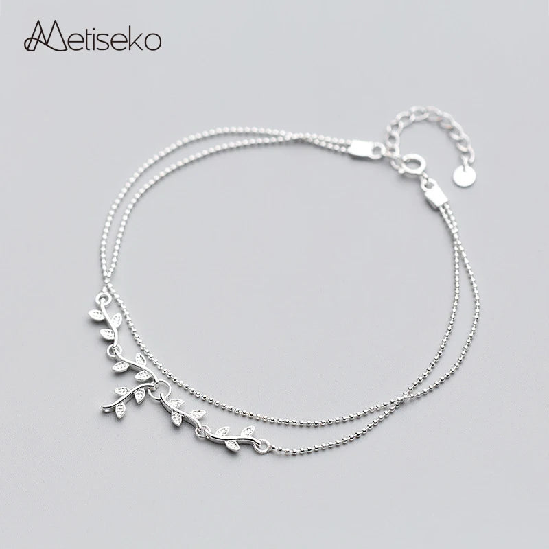 925 Silver Tree Branch Anklet Bracelet Double Layers Leaves & Beads Chain