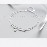 925 Silver Tree Branch Anklet Bracelet Double Layers Leaves & Beads Chain