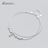 925 Silver Tree Branch Anklet Bracelet Double Layers Leaves & Beads Chain