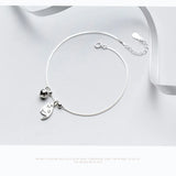 925 Sterling Silver Tiny Cat & Bell Anklet for Women