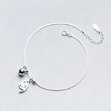 925 Sterling Silver Tiny Cat & Bell Anklet for Women
