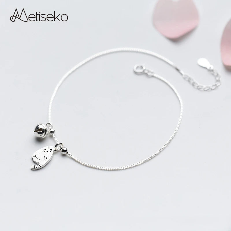 925 Sterling Silver Tiny Cat & Bell Anklet for Women