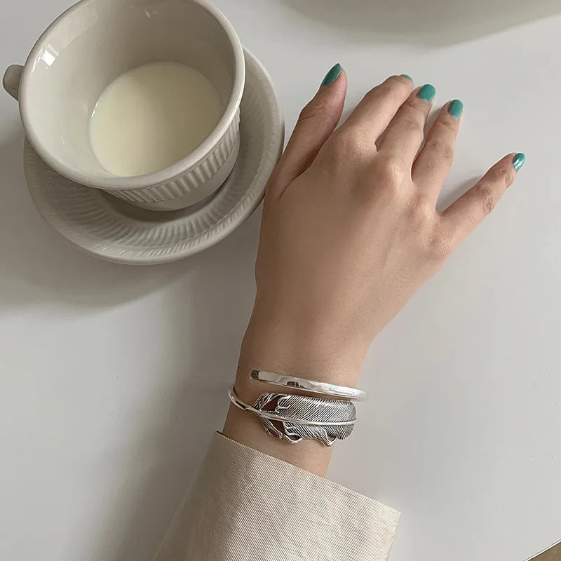 Mewanry Silver Bracelet Vintage Feather Couples Jewelry