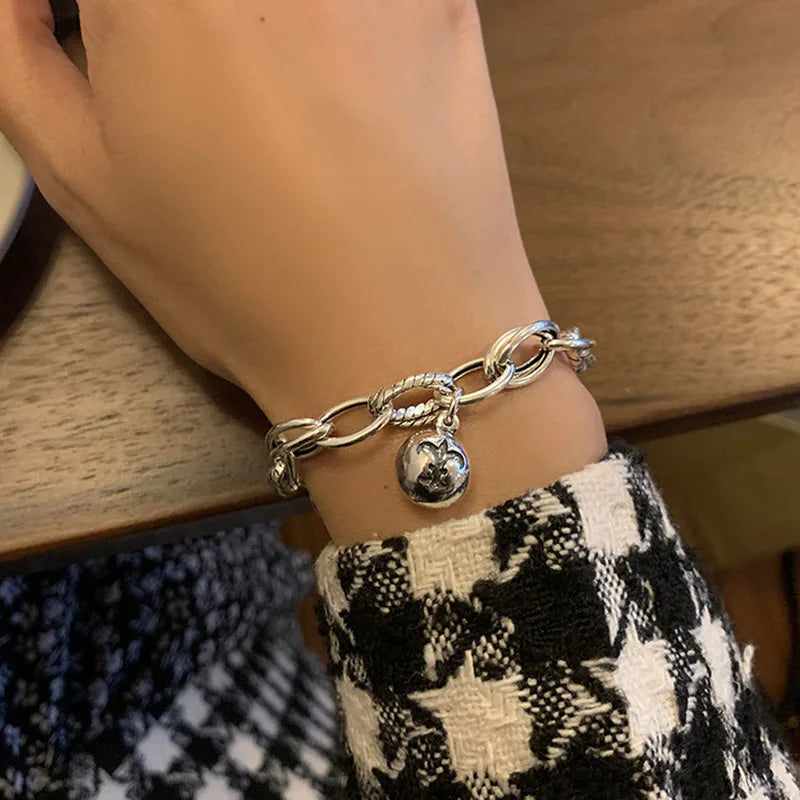 Mewanry Silver Couples Bracelet Punk Hip Hop Vintage Creative Thick Chain Bells