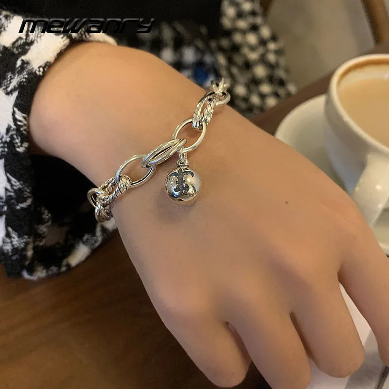 Mewanry Silver Couples Bracelet Punk Hip Hop Vintage Creative Thick Chain Bells