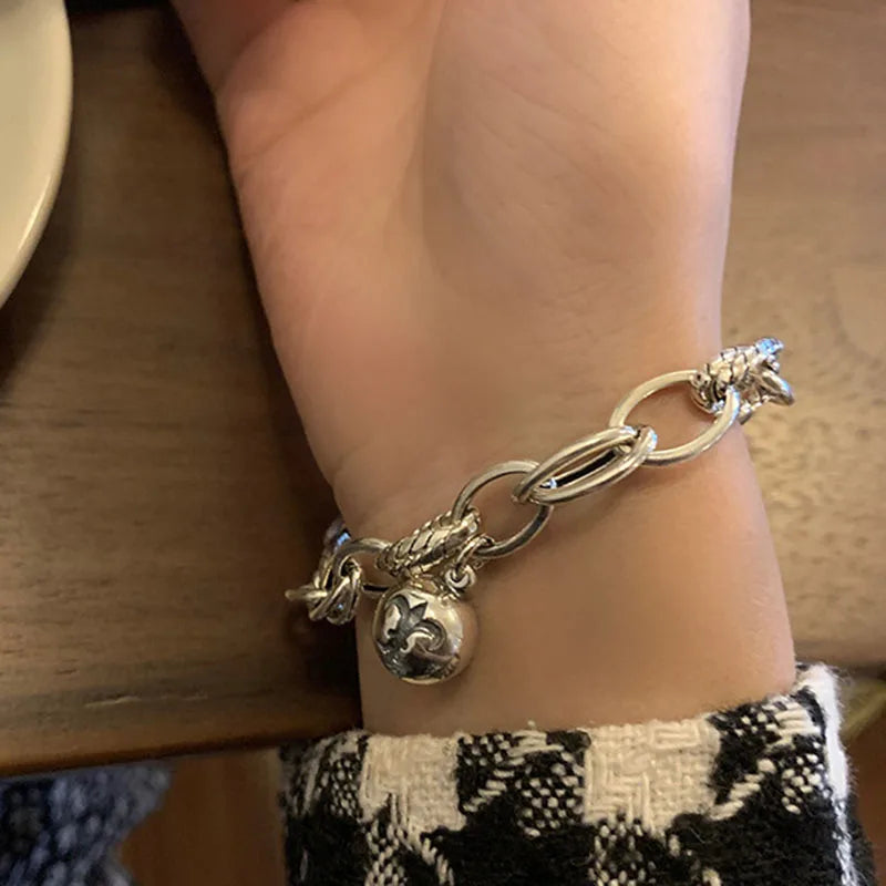 Mewanry Silver Couples Bracelet Punk Hip Hop Vintage Creative Thick Chain Bells