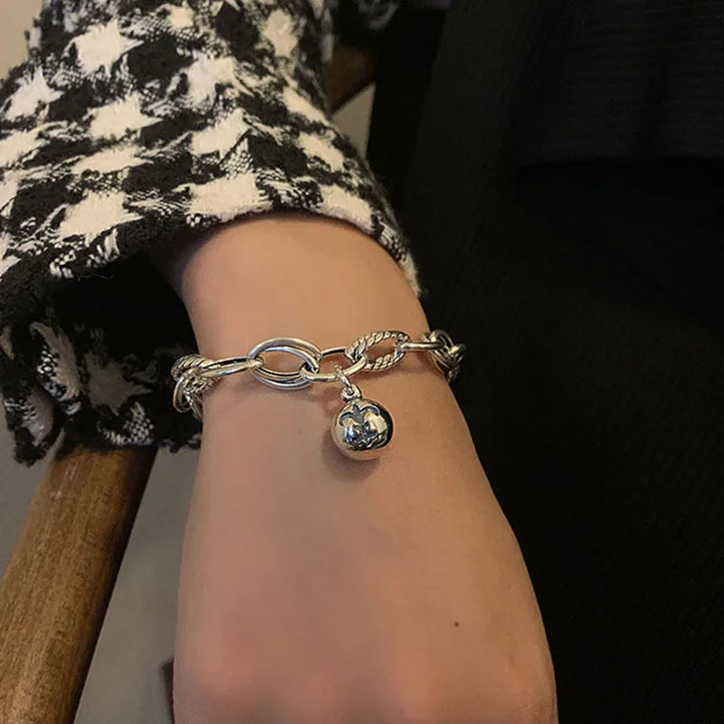 Mewanry Silver Couples Bracelet Punk Hip Hop Vintage Creative Thick Chain Bells