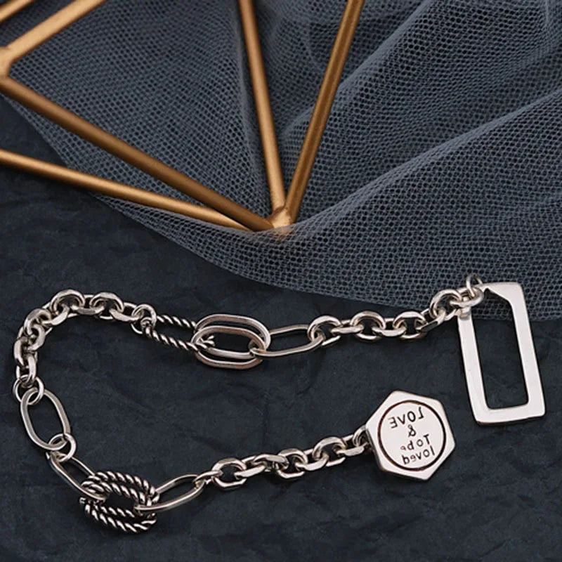 Mewanry Silver Vintage Hexagonal Geometry Hiphop Couples Bracelet