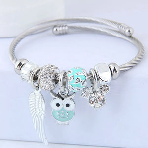 Silver Owl Crystal Beaded Feather Bracelet & Bangle for Women