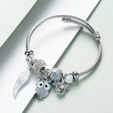 Silver Owl Crystal Beaded Feather Bracelet & Bangle for Women