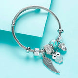Silver Owl Crystal Beaded Feather Bracelet & Bangle for Women