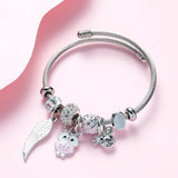 Silver Owl Crystal Beaded Feather Bracelet & Bangle for Women