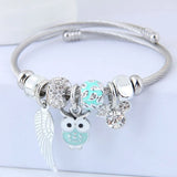 Silver Owl Crystal Beaded Feather Bracelet & Bangle for Women