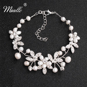 Flowers Austrian Crystal Bracelet Freshwater Pearls Wedding Bridal Bangles