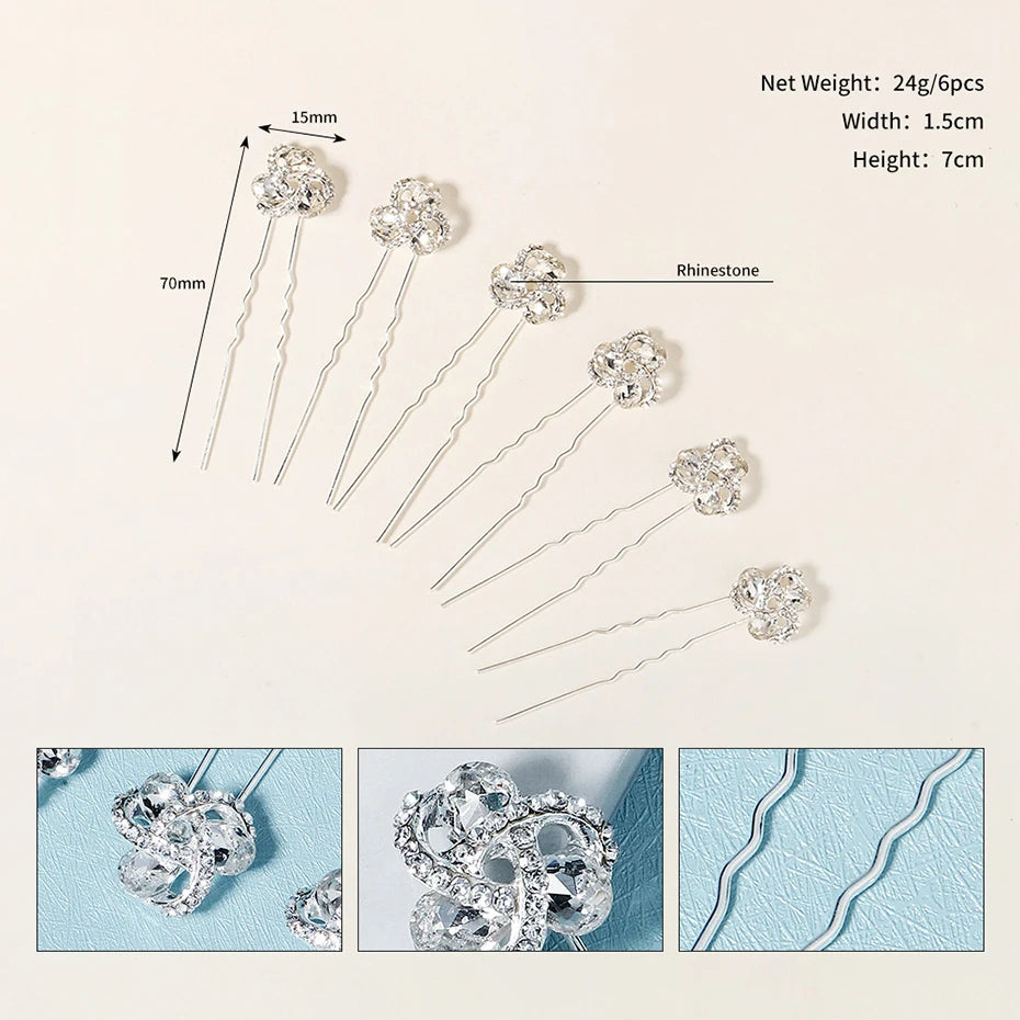 6pcs Rhinestone Hair Pins Clips for Women Bride Headpiece