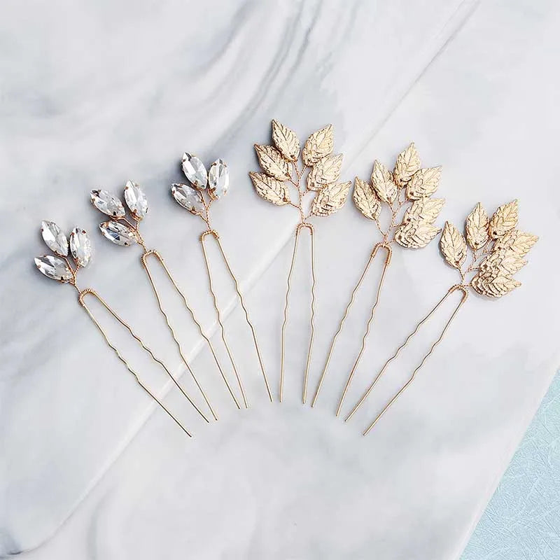 6pcs Leaves Crystal Wedding Hair Pins Bridal Hair Clips Jewelry Accessories