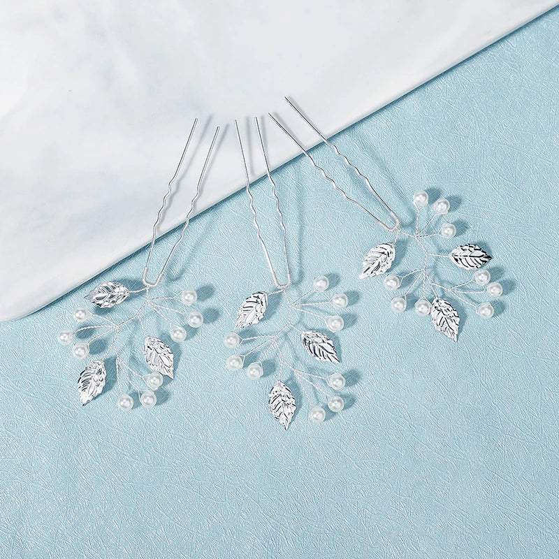 3pcs Silver Leaf Pearl Hair Pins Wedding Hair Accessories