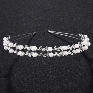 Bride Crown Leaf Rhinestone Headband Pearl Wedding Headpiece