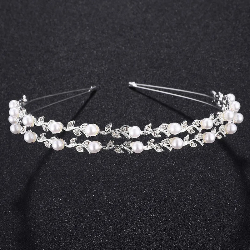 Bride Crown Leaf Rhinestone Headband Pearl Wedding Headpiece