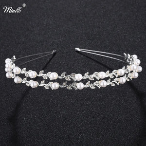 Bride Crown Leaf Rhinestone Headband Pearl Wedding Headpiece