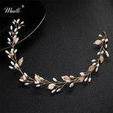 Alloy Leaf Pearls Headband Crown Wedding Hair Vine Jewelry Accessories