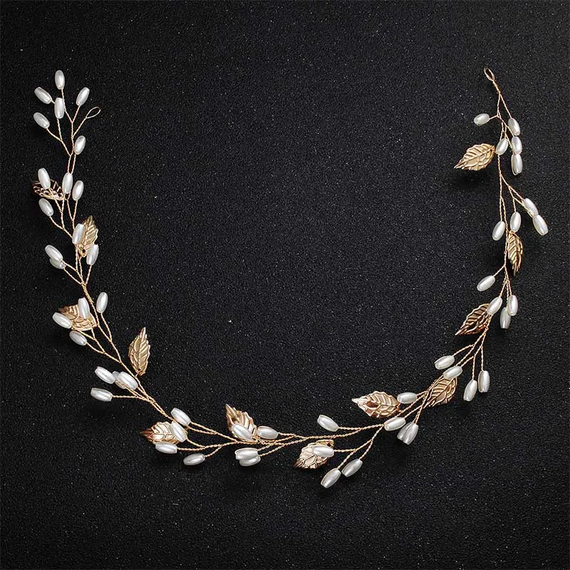 Alloy Leaf Pearls Headband Crown Wedding Hair Vine Jewelry Accessories