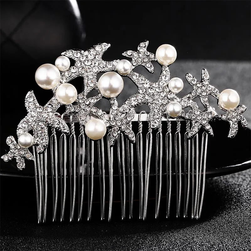 Starfish Bridal Hair Comb Crystal Jewelry Silver Plated Hair Accessories