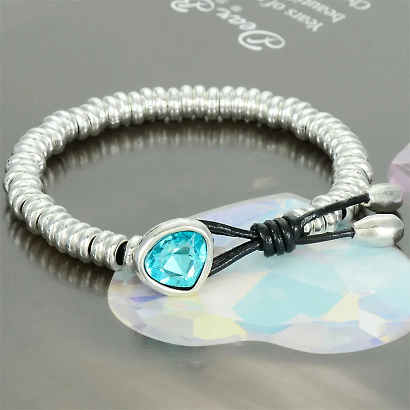 Miasol Crystal Heart Charm Leather Wrap Bracelet